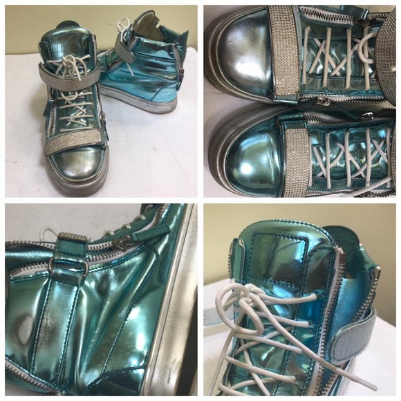 Giuseppe Zanotti Donna Metallic Patent Leather High Top Sneakers Shoes Crystals - Picture 10 of 17